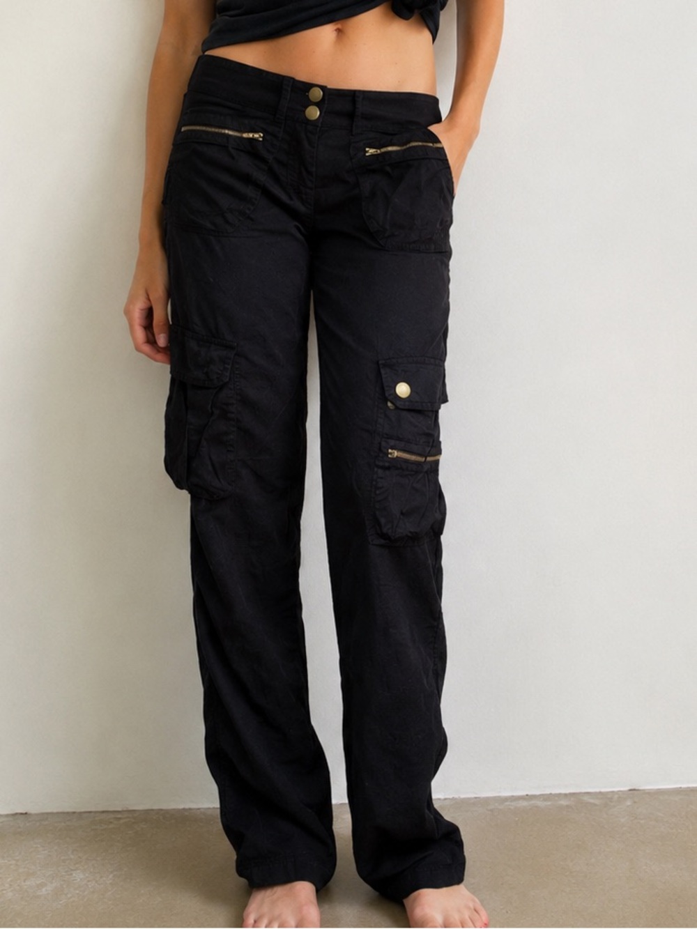 Vintage Y2K Guess Jeans Black Cargo Utility Emo Goth Pants Size 27 Tall